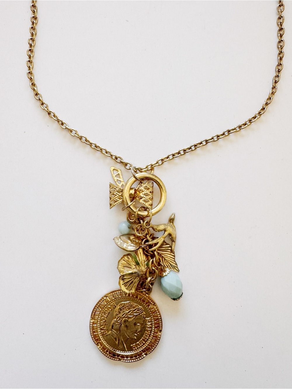 Gold Charm Pendant Necklace with Light Mint Accents